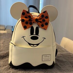 Loungefly Glow in the Dark Disney Ghost Minnie Backpack - White, Orange, Black